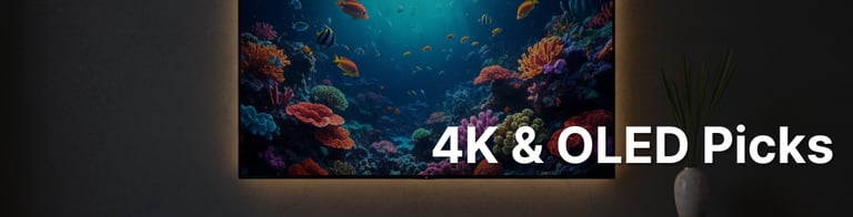 Close-up of a high-end 4K OLED television displaying vivid colors in a dark living room with cozy at
