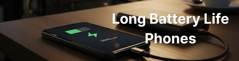 Smartphone charging on a wooden desk with green battery icon, representing phones with long battery