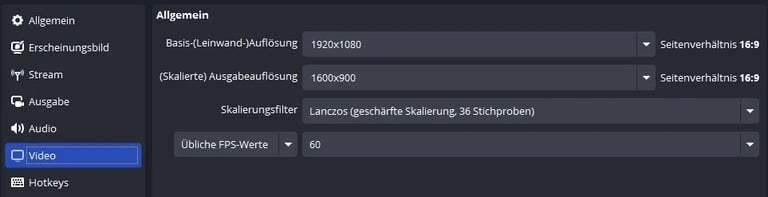 OBS Studio video settings menu showing 1920x1080 resolution and 60 FPS configuration in German.