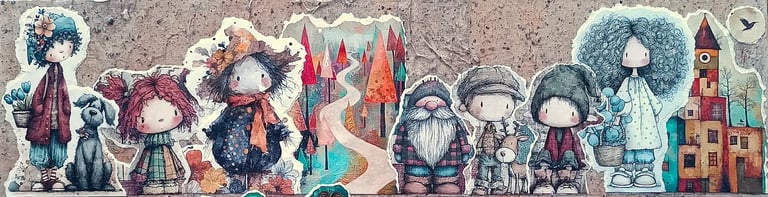 Quadri materici artigianali cameretta, sfilata di personaggi a collage, gnomo e castelli su sfondo finto muro.