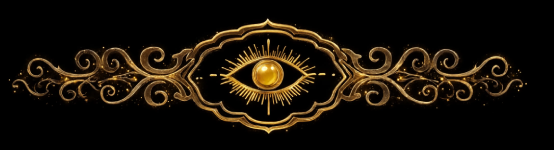 Ornate golden page divider on black, featuring a central eye emblem with a glowing golden iris and delicate filigree