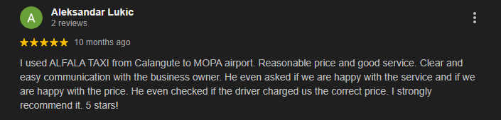 Clint says Alfala taxi service goa airport taxi is reasonable 