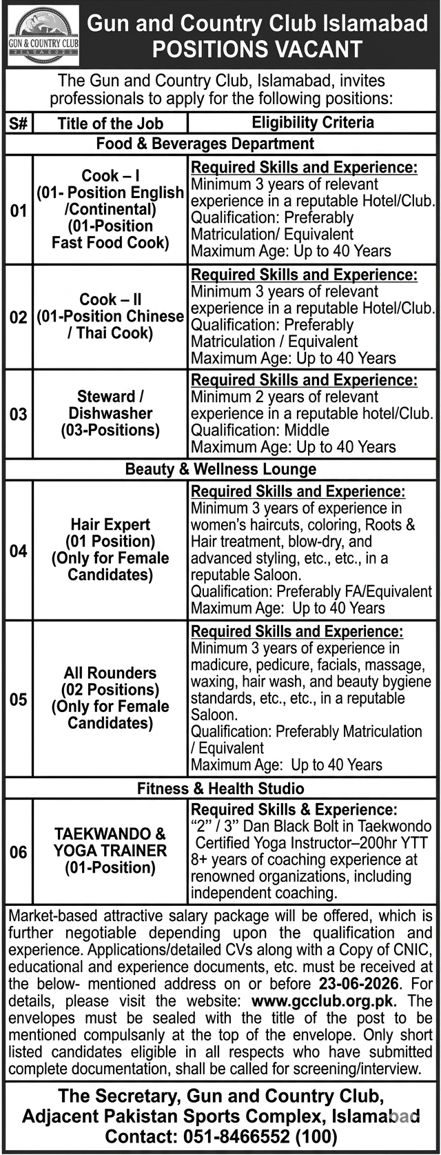 Gun and Country Club Islamabad Jobs June 2026 Advertisement