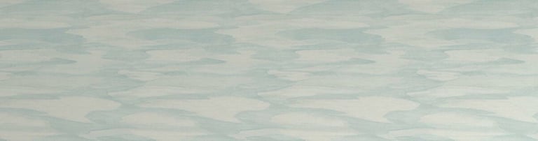 Light blue watercolor wave wallpaper behind a modern wood bench and potted olive tree.