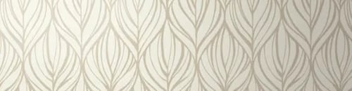 Elegant cream and beige leaf pattern wallpaper behind white ceramic decorative vases on a shelf.
