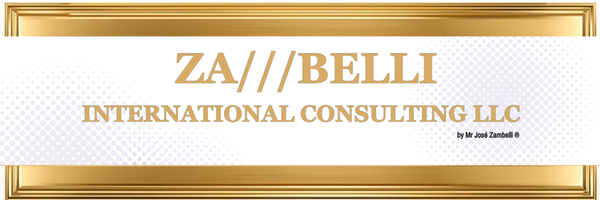 Zambelli International Consulting LLC logo with gold text in a professional gold border frame.