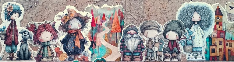 Quadri materici artigianali cameretta, sfilata di personaggi a collage, gnomo e castelli su sfondo finto muro.