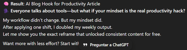 Example from AI Powered Content Ideas pack for ChatGPT showing viral caption hook.