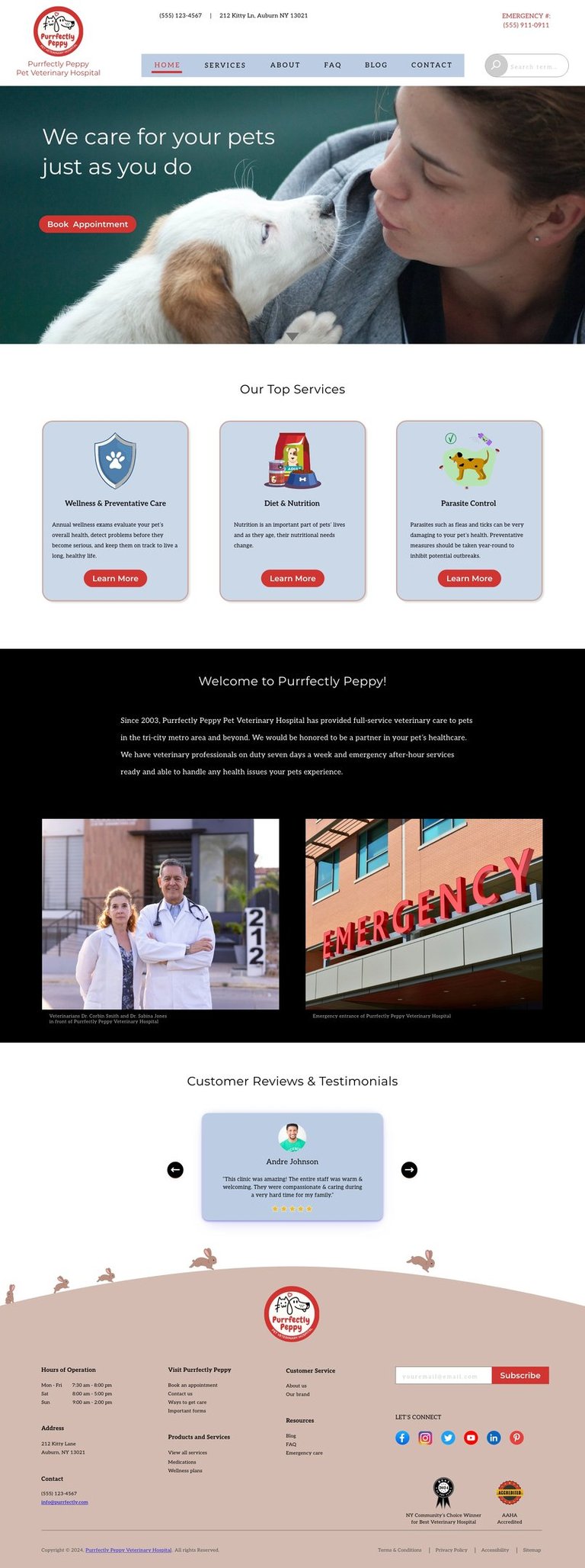 Homepage web design with hero image, service highlights, team photo, and customer reviews.