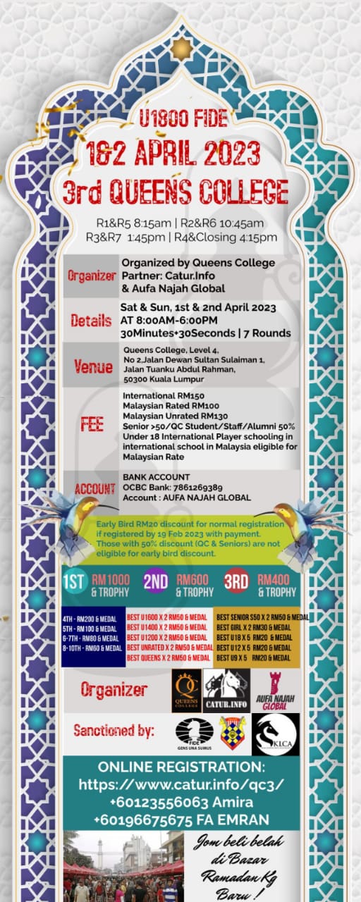 3rd Queens College U1800 FIDE Rated Classical Chess Championship 2023. Catur Malaysia. 