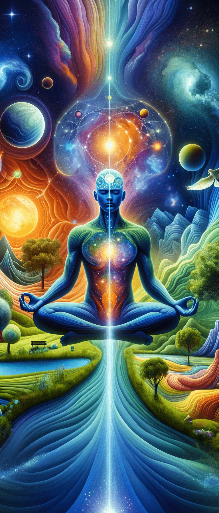a man sitting in a meditation position with a cosmic light