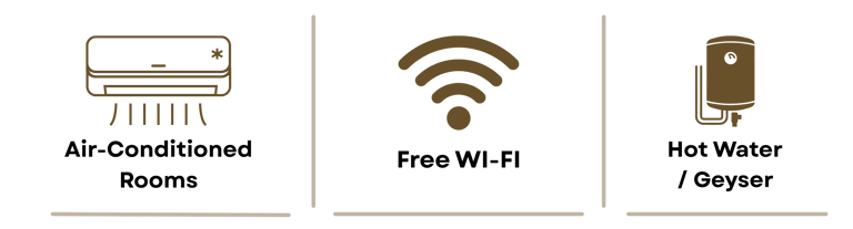 Gold icons for air conditioning, free Wi-Fi, and hot water heater amenities on a black background.