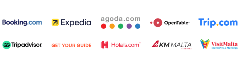 Logos for travel booking sites including Booking.com, Expedia, Agoda, TripAdvisor, and Hotels.com.