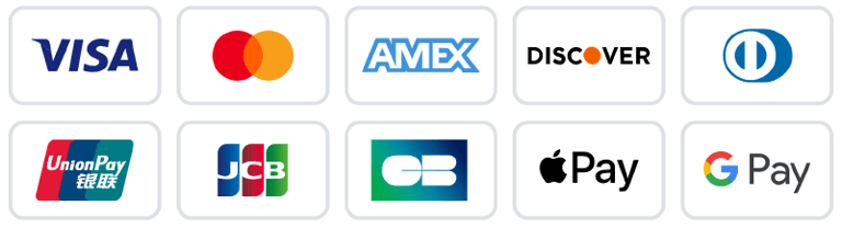 Credit and debit cards, Apple Pay and Google Pay logos.