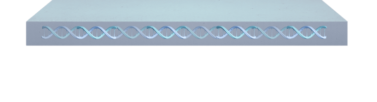 A concrete slab with a glowing blue DNA helix inside, symbolizing WattCrete's technology.