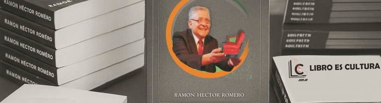 Collage: Pila de Libros con la Imágen del Escritor Ramón H. Romero, y el Logo de "Libro es Cultura"