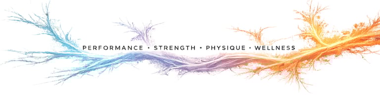 Abstract energy wave with performance, strength, physique, and wellness text on white background.
