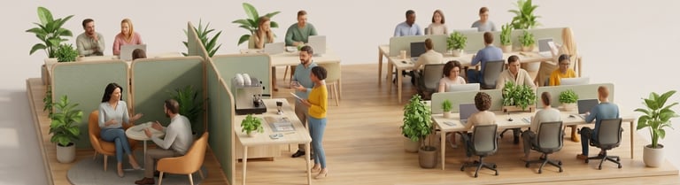 A 3D isometric illustration of a modern open-plan office with coworking spaces, ergonomic desks, and green plants.