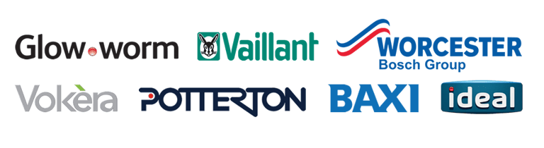 Logos of boiler brands: Glow-worm, Vaillant, Worcester Bosch Group, Vokera, Potterton, Baxi, and Ideal, displayed on a white