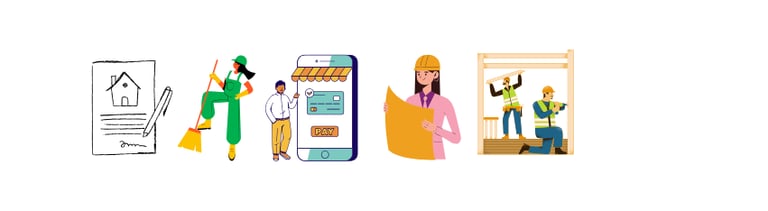 "Illustration of home renovation process: design, cleaning, payment, planning, and construction."