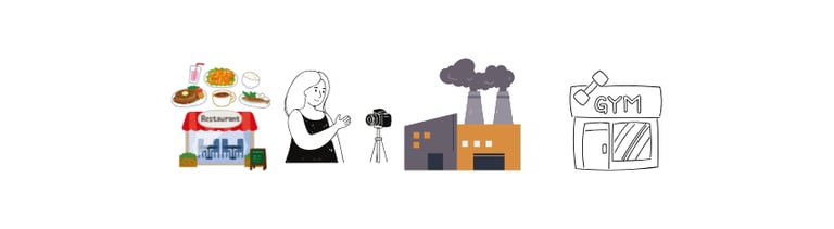 "Icons of restaurant, presenter, camera, factory, and gym."