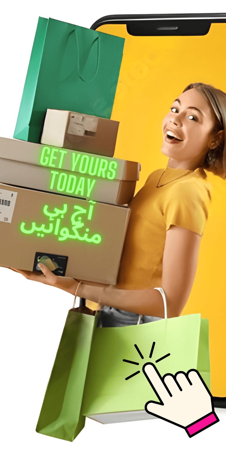 Smiling woman with shopping bags promotes online store for Iranian organic food,global delivery,deal