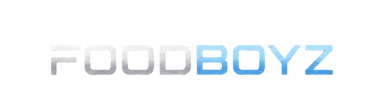 Modern Foodboyz logo featuring metallic silver and blue gradient text on a black background.