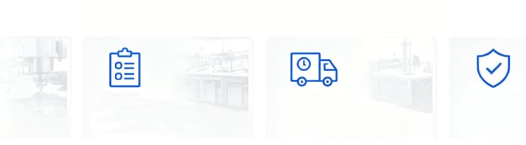Manufacturing process icons for precision engineering, quality control, shipping, and security.