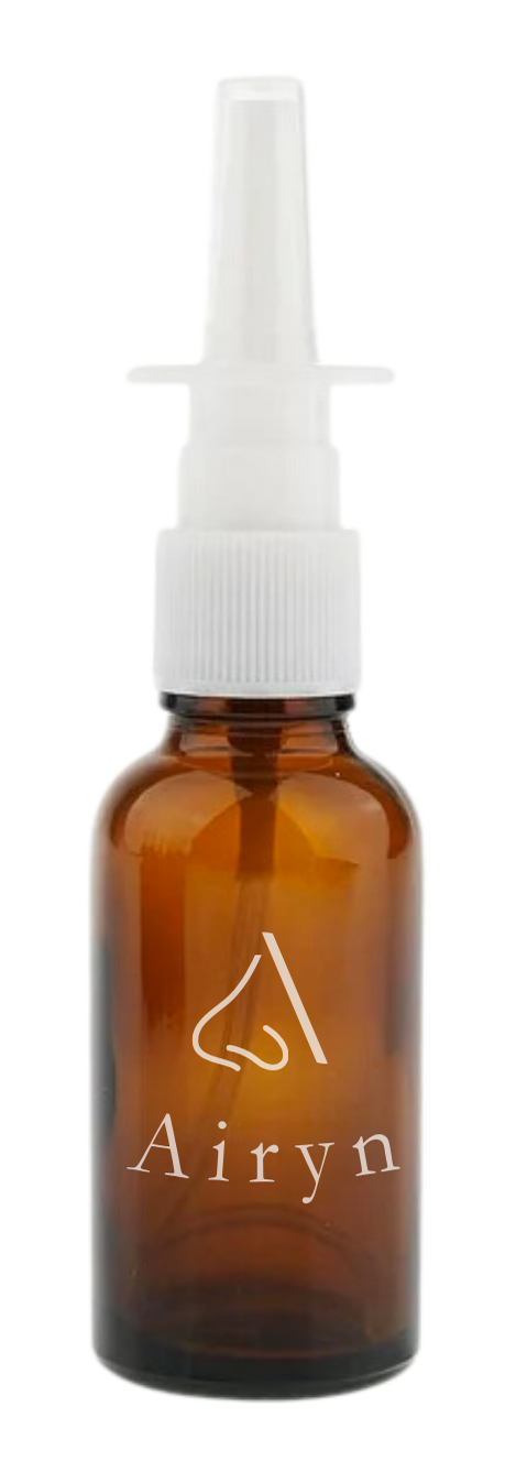a bottle of a brown nasal spray bottle with the word Airyn written on it in white writing
