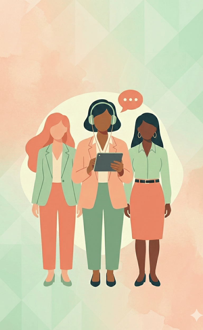 a group of people standing around a tablet