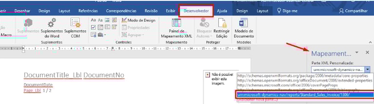 Microsoft Word XML mapping pane showing Dynamics NAV sales invoice data fields for document design.