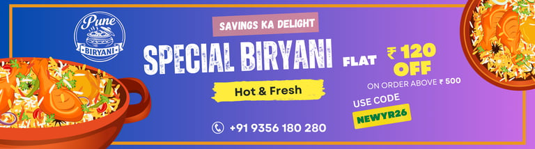 Great New year offer for Biryani Lovers. Get flat 120 rs discount on every order you place.