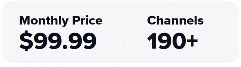 Dish TV plan showing a monthly price of $99.99 with over 190 channels included.