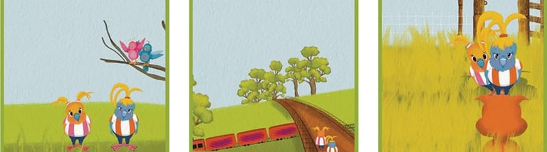 a series of 3 illustration bird train tracks kangaroo