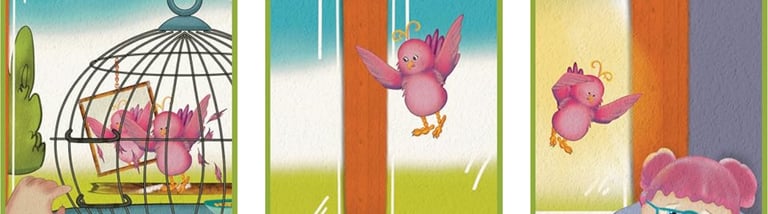 a bird in a cage with a mirror and a bird flying near a window