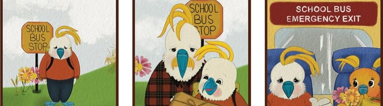 brad at school bus stop and in the school bus