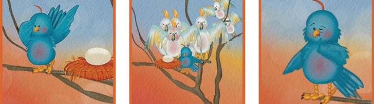 a series of three artwork by artist Estella of birds in a nest