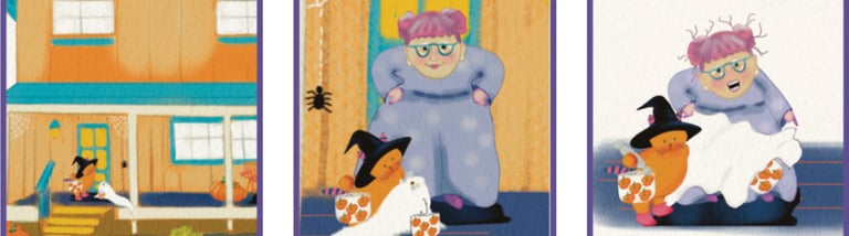 a series of three pictures of a woman in a purple dress