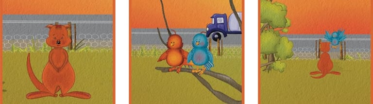 three different illustrations of a kangaroo 2 birds on a branch and a bird flapping its wings