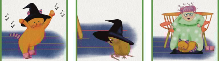 cat in hat dancing rat in hat ladysitting on a chair with a cat