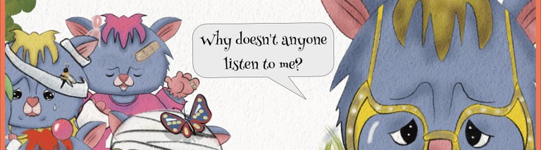 Sad cartoon possum character with glasses feeling unheard by her injured possums babies under a tree