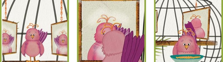 a bird in a cage with a mirror