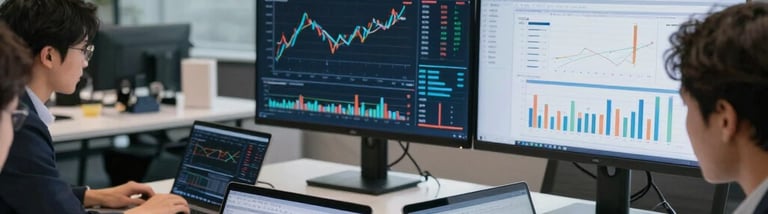 A sleek, minimalistic workspace with a laptop displaying data charts and a notebook beside it.