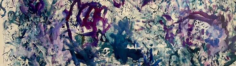 closeup image of a teal, purple and blue with tan background large painting