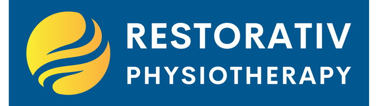 a blue and yellow logo with the words restorative and a yellow and white