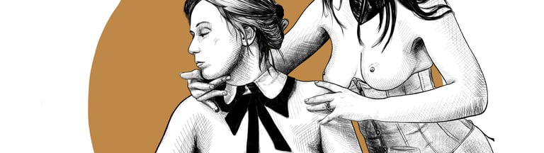 A black and white drawing of two women