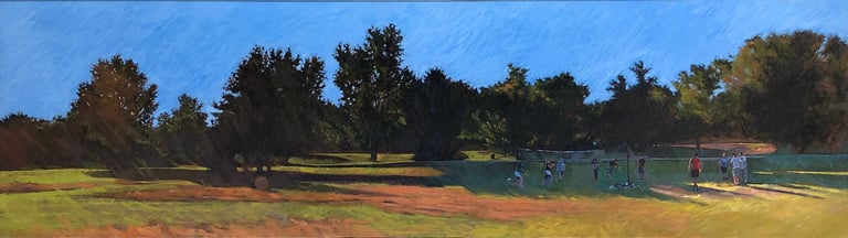 Saturday In The Park, Painting of Young adults enjoying outdoor games.