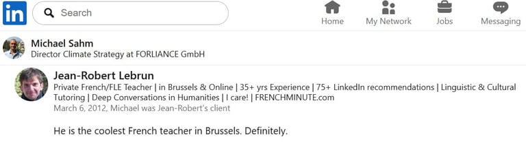 M. M. Sahm's LinkedIn testimonial for J.-R. Lebrun, French teacher | Brussels, av. Couronne | bus 95