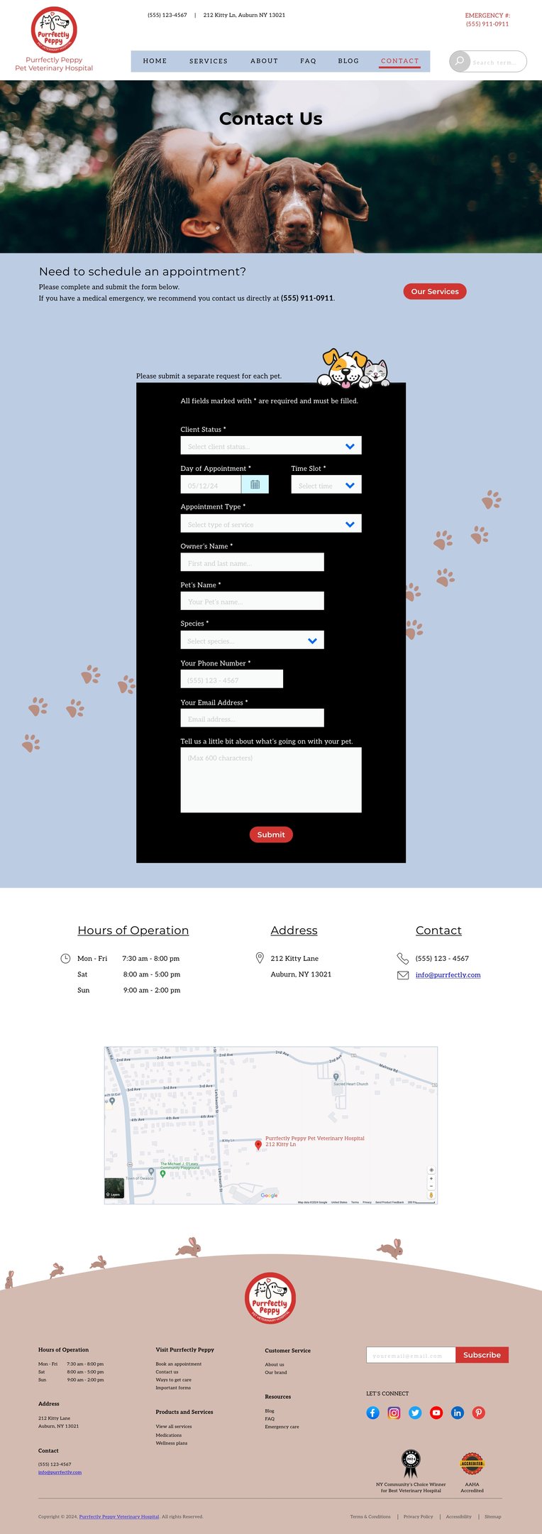 Contact webpage design with a contact form, hours of operation, and location map.