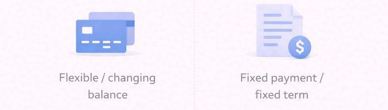 comparison of revolving credit and installment loans showing flexible balances versus fixed payments